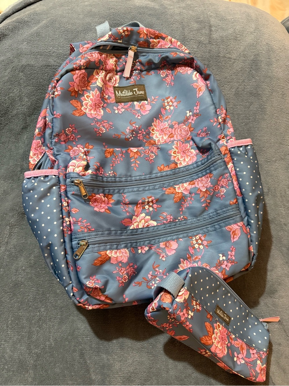 Matilda Jane Blue Floral Kids Backpack with Matching Pouch